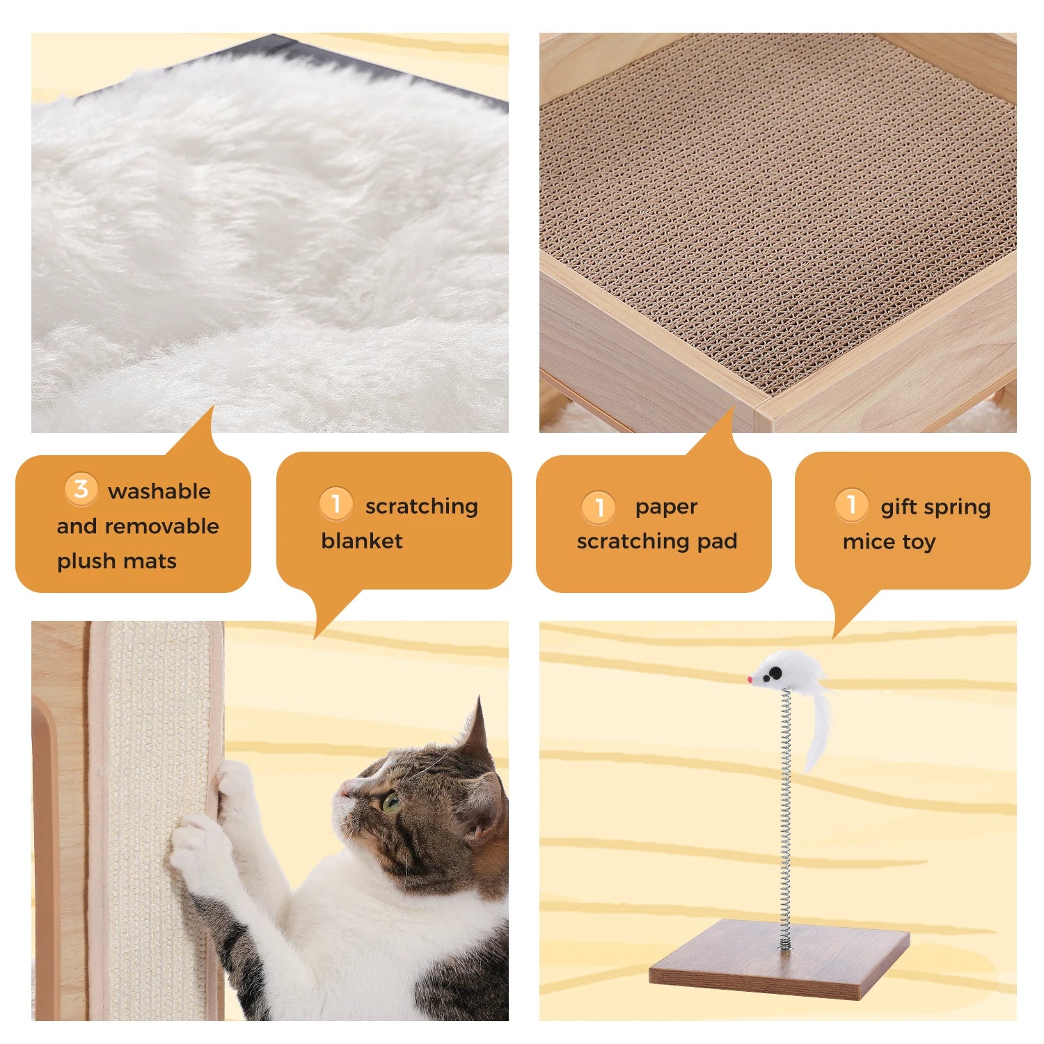 Wood Cat Condo House Bed with Removable Soft Mats Modern Cat Tree Tower with Scratching Pad Cat Scratcher Furniture Kitten Toys - Play Paws Toys
