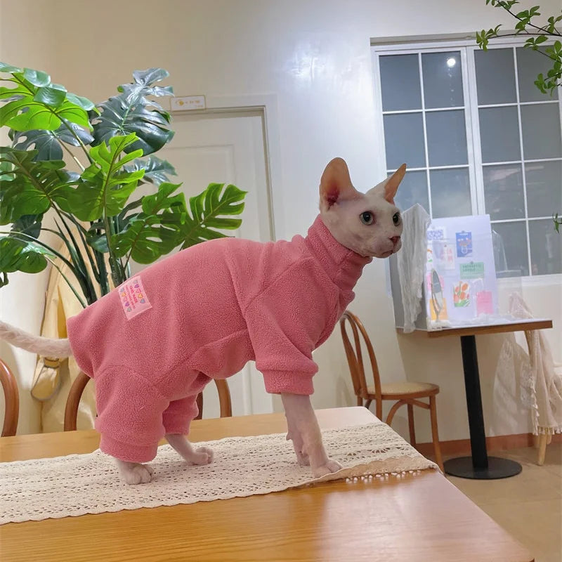 Fleece Coat for Sphynx Cat Warm Sweatshirt 4-legged Jumpsuit for Kittens Dogs soft Loungewear for Male Cat Devon Rex Sweater - Play Paws Toys