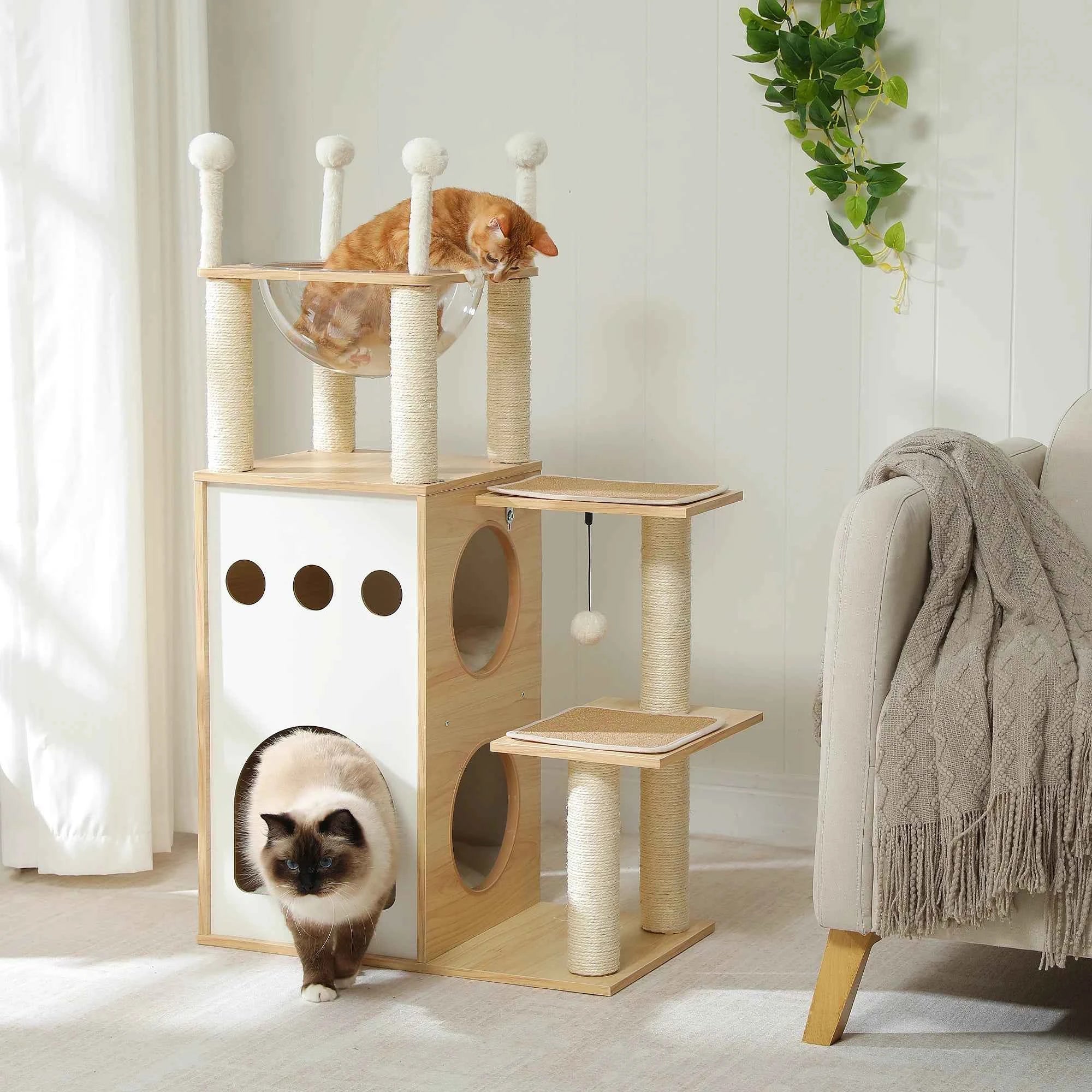 Modern Cat Tree Wooden Cat Tower with 2-Floor Condo Cat Furniture with Cat Scratching Posts Capsule Nest and Dangling Balls
