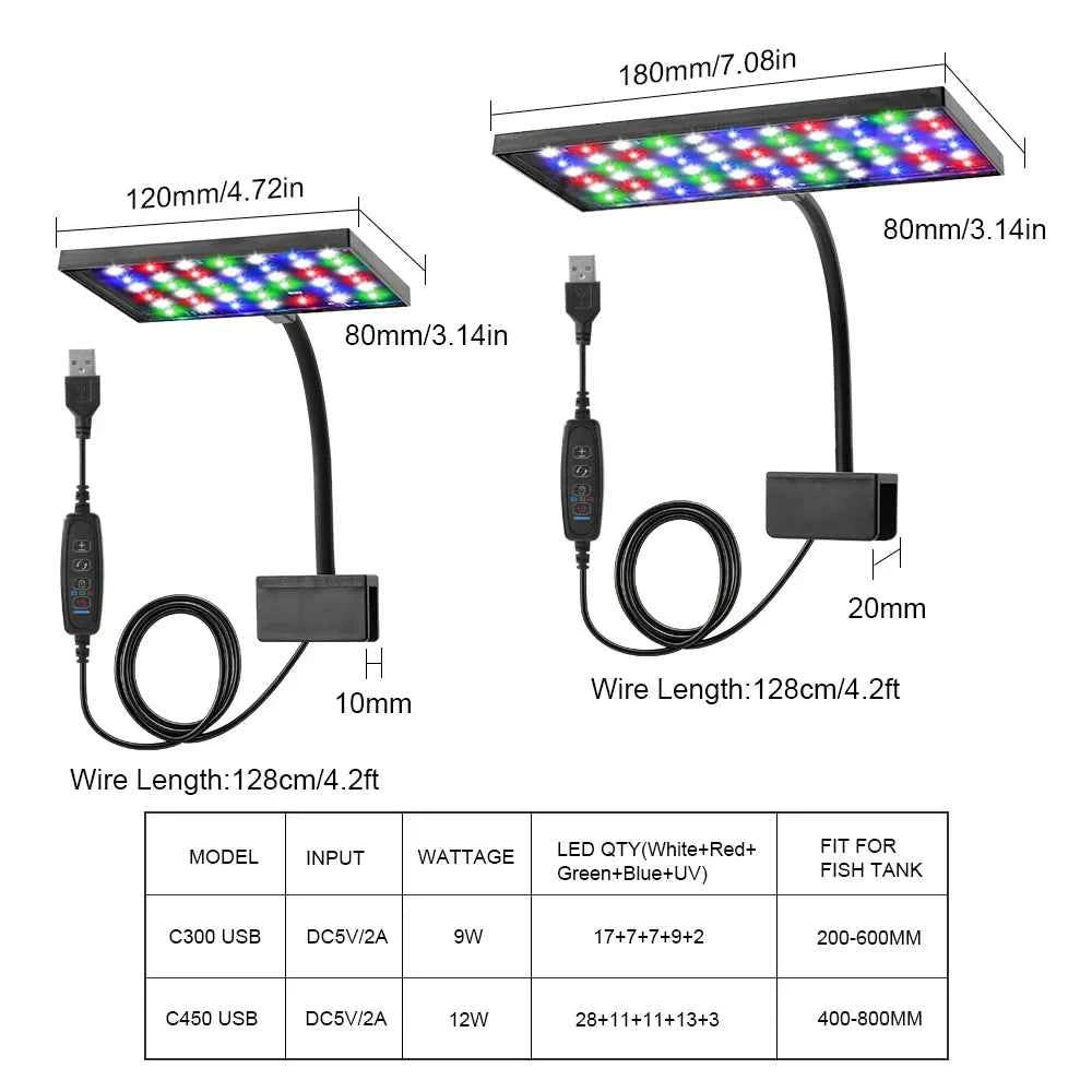 USB Aquarium LED Light Full Spectrum Aquatic Plant Grow Lamp Clip on Fish Tank Adjustable Brightness No flicker Lighting  9W/12W