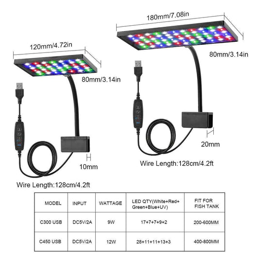 USB Aquarium LED Light Full Spectrum Aquatic Plant Grow Lamp Clip on Fish Tank Adjustable Brightness No flicker Lighting  9W/12W