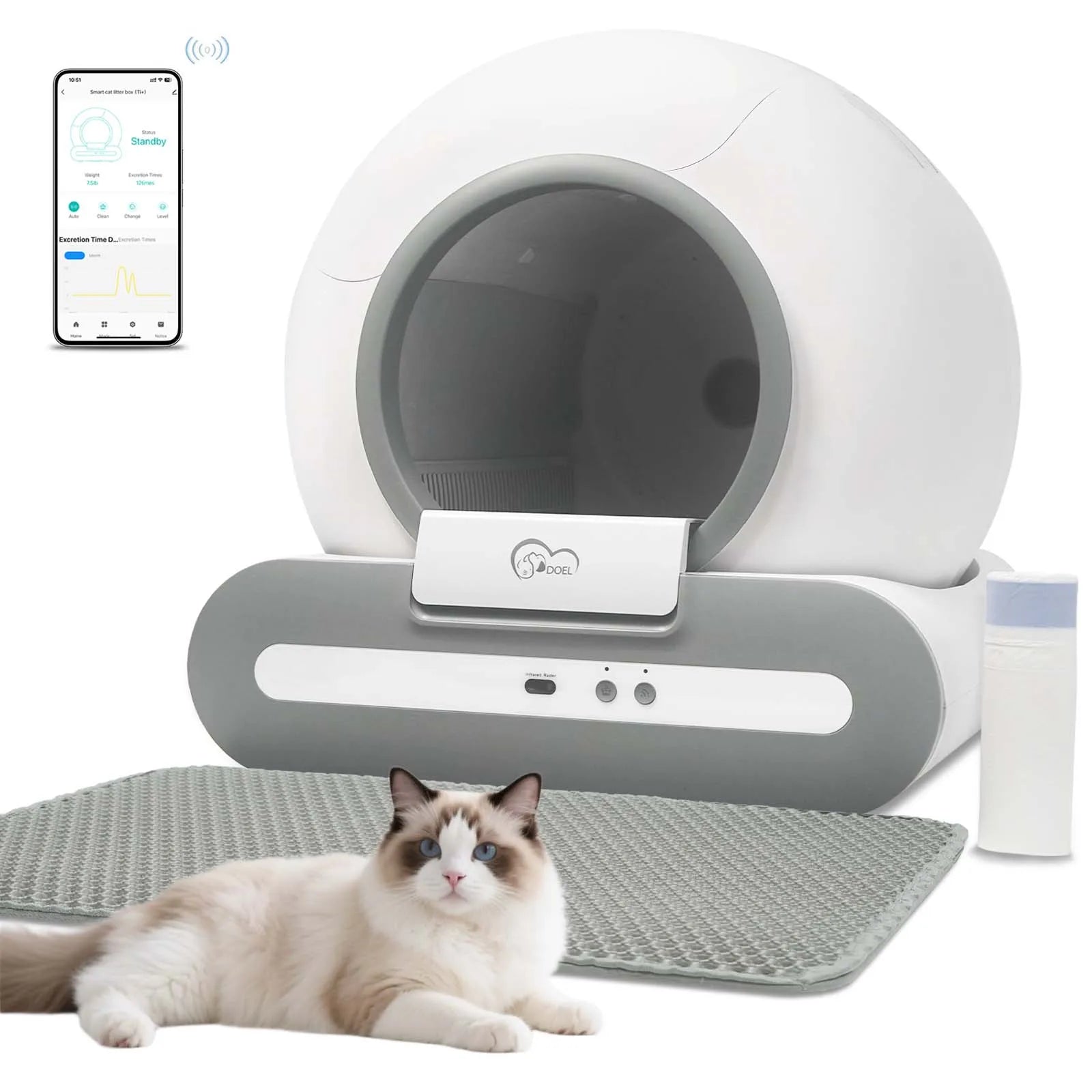 DOEL 65L Self-Cleaning Cat Litter Box App Control, ONLY Supports 2.4G WiFi w/Litter Mat&Trash Bags, Fit for Tofu & Mixed Litter - Play Paws Toys