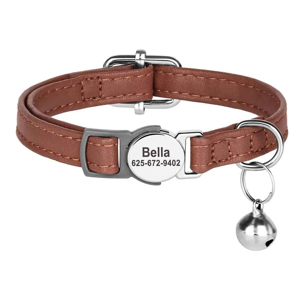 Custom Cat Collar Personalized PU Leather Kitten Puppy Collars Free Engraved ID Nameplate Necklace With Bell for cat Anti-lost
