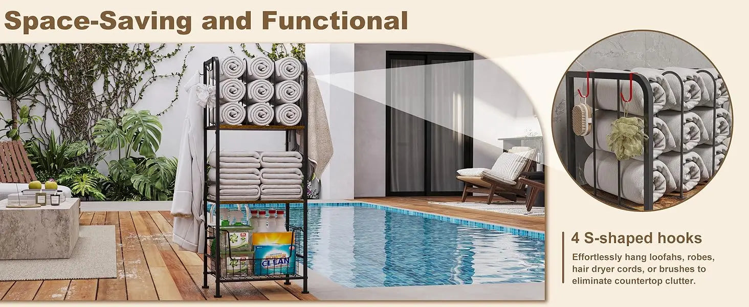 Rack For Bathroom 3-Tier M-Shaped Detachable Dividers, Durable Metal Towel Holder, Pool Items Holder, Space-Saving Storage