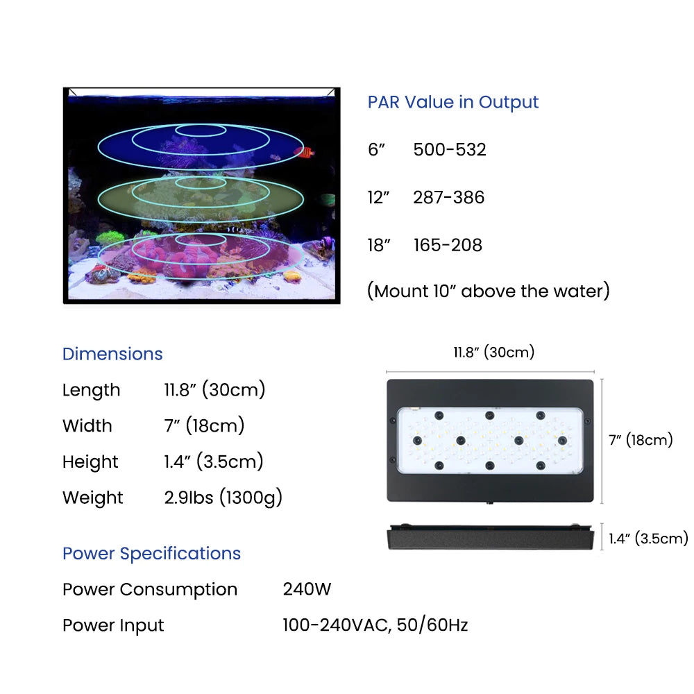 A8pro Blue II Max  240W Full Spectrum WiFi APP Controlled Coral LED Light Reef Marine Aquarium Light with CREE LED Beads