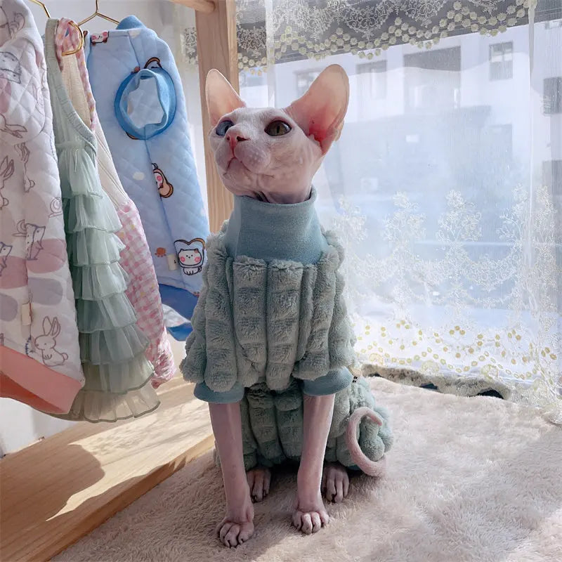 Sphynx Cat Turtleneck Winter Green Sweater Hairless Cat Clothes Thick Warm 4-legged Coat Purple Fleece Jacket for Devon Rex - Play Paws Toys