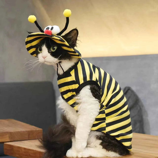 2Pcs Bee Themed Cat Outfit Set, Striped T-Shirt + Sun Hat, Cute Pet Costume for Halloween & Photo Props, Breathable Outfit for S