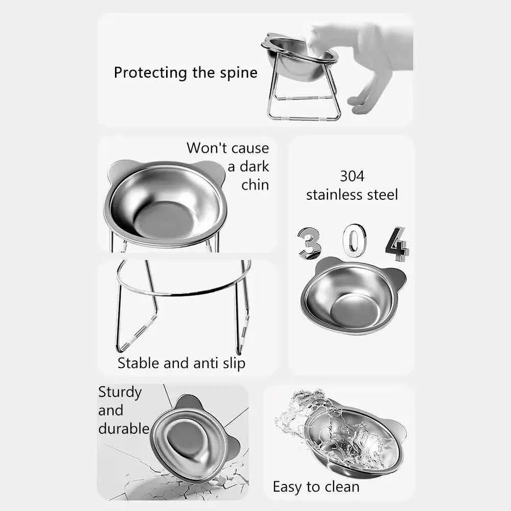 Raised Cat Bowls Tilted Neck Guard Cat Food Bowl 304 Stainless Steel Shatter-resistant Elevated 15° Pet Supplies for Puppy Cat