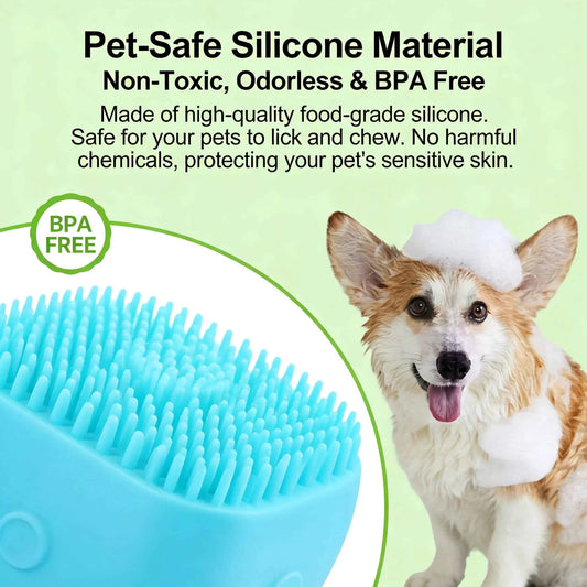 Pet Bath & Massage Brush 2-in-1 Silicone Dog Cat Grooming Tool with Shampoo Dispenser for Bathing Washing Sensitive Skin Puppies and Kittens