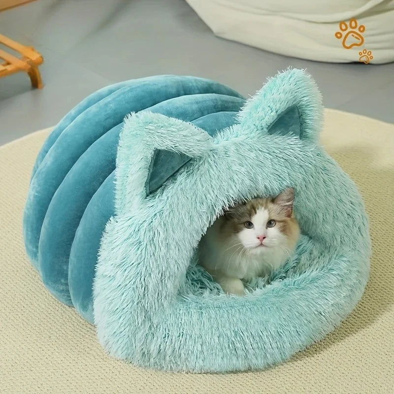 Enclosed Pet Bed Winter Warm Plush Hooded Cat Bed House with Cute Ears Indoor Nest Cave Comfort Kittens Hideaway for Small Dog - Play Paws Toys