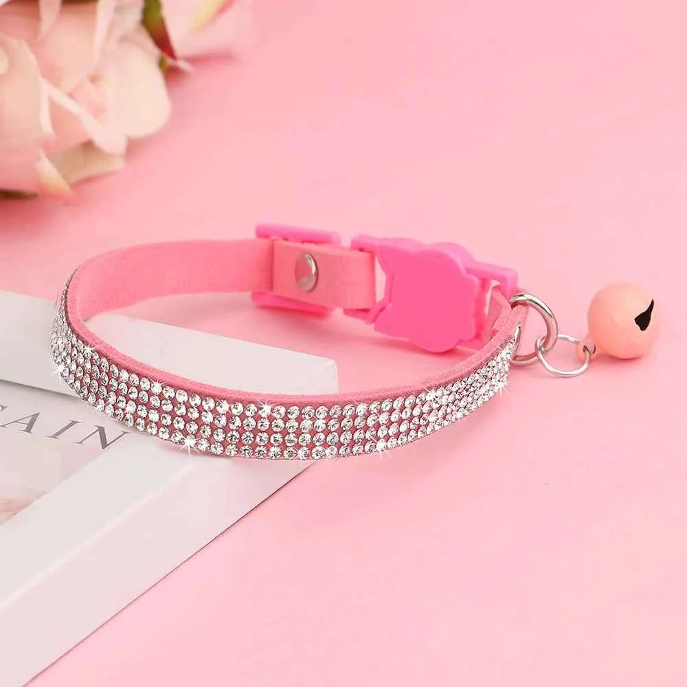 Soft Pink Suede Leather Cat Collar - Bling Rhinestone Design with Bell, Safety Breakaway & Adjustable XS/S for Cats & Puppies
