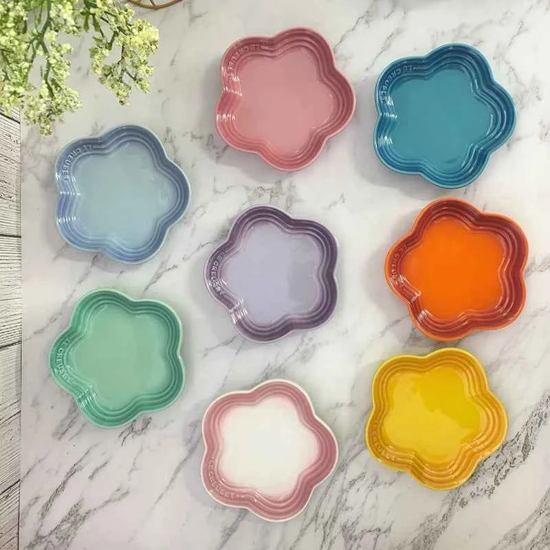 14cm Rainbow Plum Blossom Ceramic Dish Cat Feeding Flower Shaped Bowl Multi-purpose Bone Spitting Tray Dipping Sauce Plate