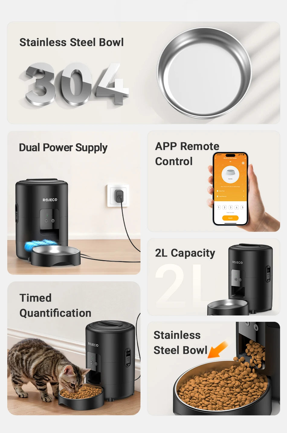 ROJECO Automatic Cat Feeder 2L Smart Dog Food Kibble Dispenser WiFi App Remote Control Timed Auto Pet Feeder For Puppy Kitten
