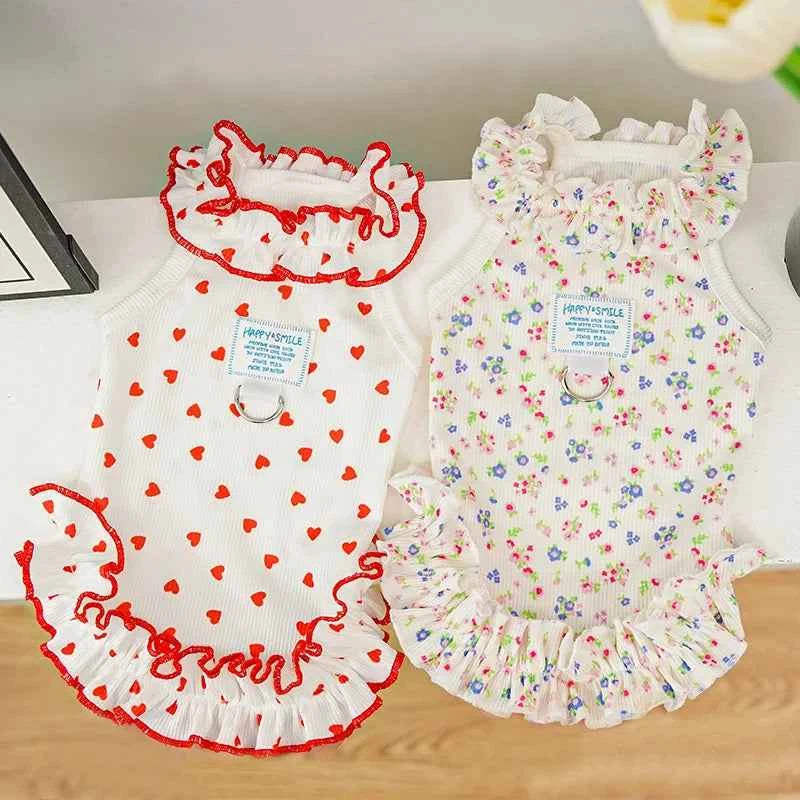 Princess Dog Dress Red Heart Floral Ruffle Skirt Sleeveless Pet Clothes Cute Puppy Cat Apparel For Summer Walking Party