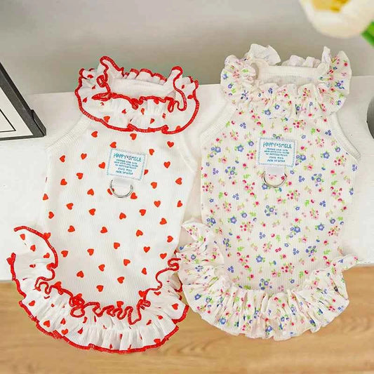 Princess Dog Dress Red Heart Floral Ruffle Skirt Sleeveless Pet Clothes Cute Puppy Cat Apparel For Summer Walking Party