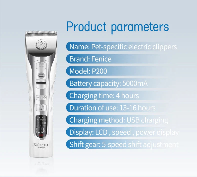 Fenice Dog Hair Cutting Machine Clippers Grooming Pet Animals Haircut Trimmer Shaver Set Pets Cordless Rechargeable Professional