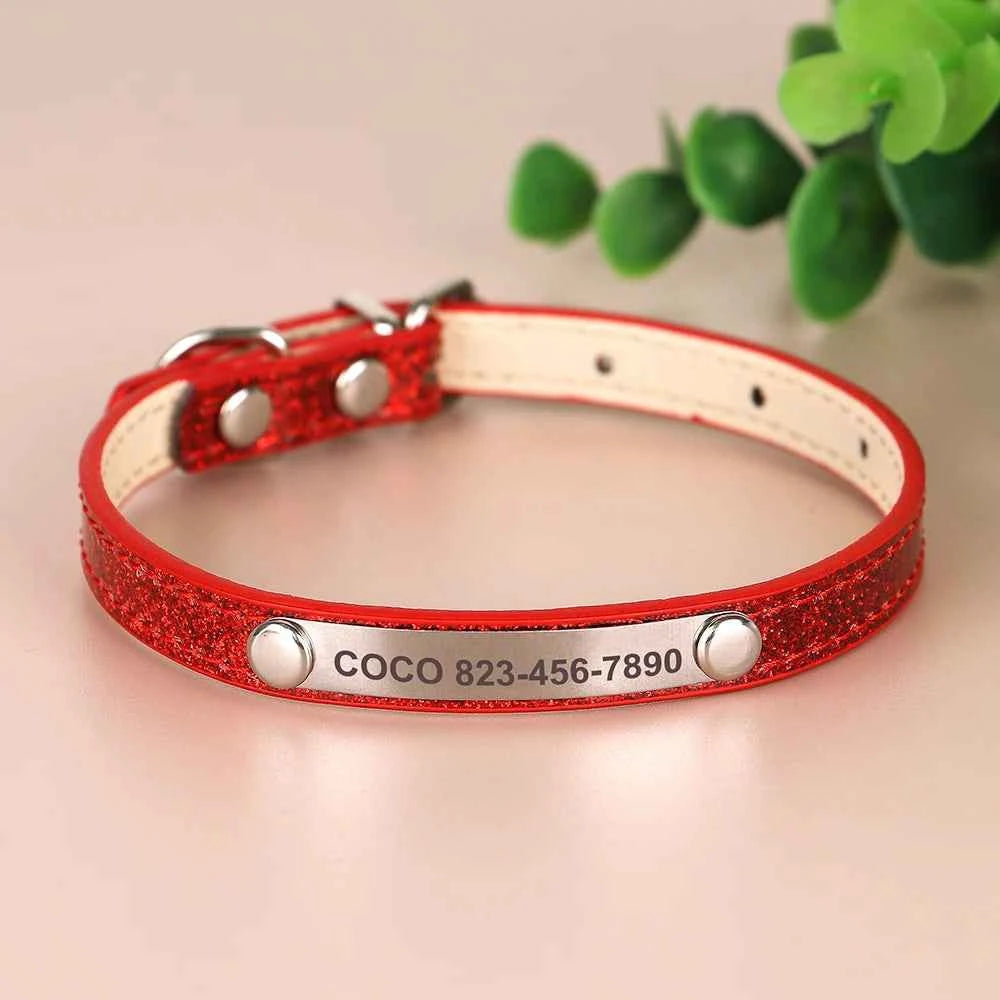 Personalized Cat Collar Bling PU Leather Cat Collars Free Custom Pet Puppy Kitten ID Necklace Adjustable for Cats Small Dogs