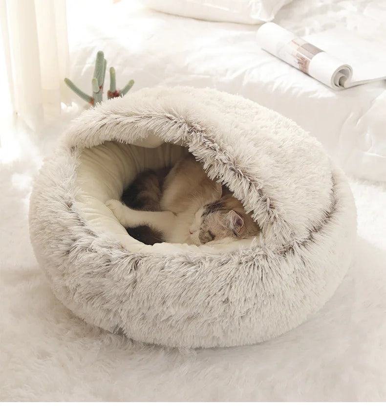 Autumn and Winter soft plush pet bed and pet bed Winter warm and cold plush comforter nest Shell cat nest semi-enclosed cat nest - Play Paws Toys