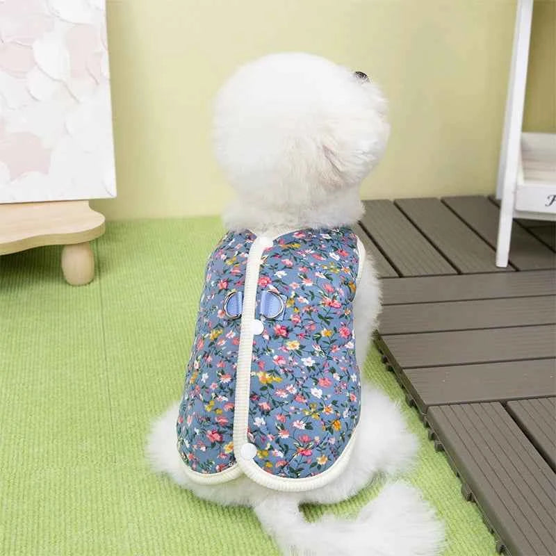 Winter Dog Jacket Floral Print Vest Coat Chihuahua Bichon Warm Clothing Puppy Outdoor Jacket With D-ring Winter Pet Costume