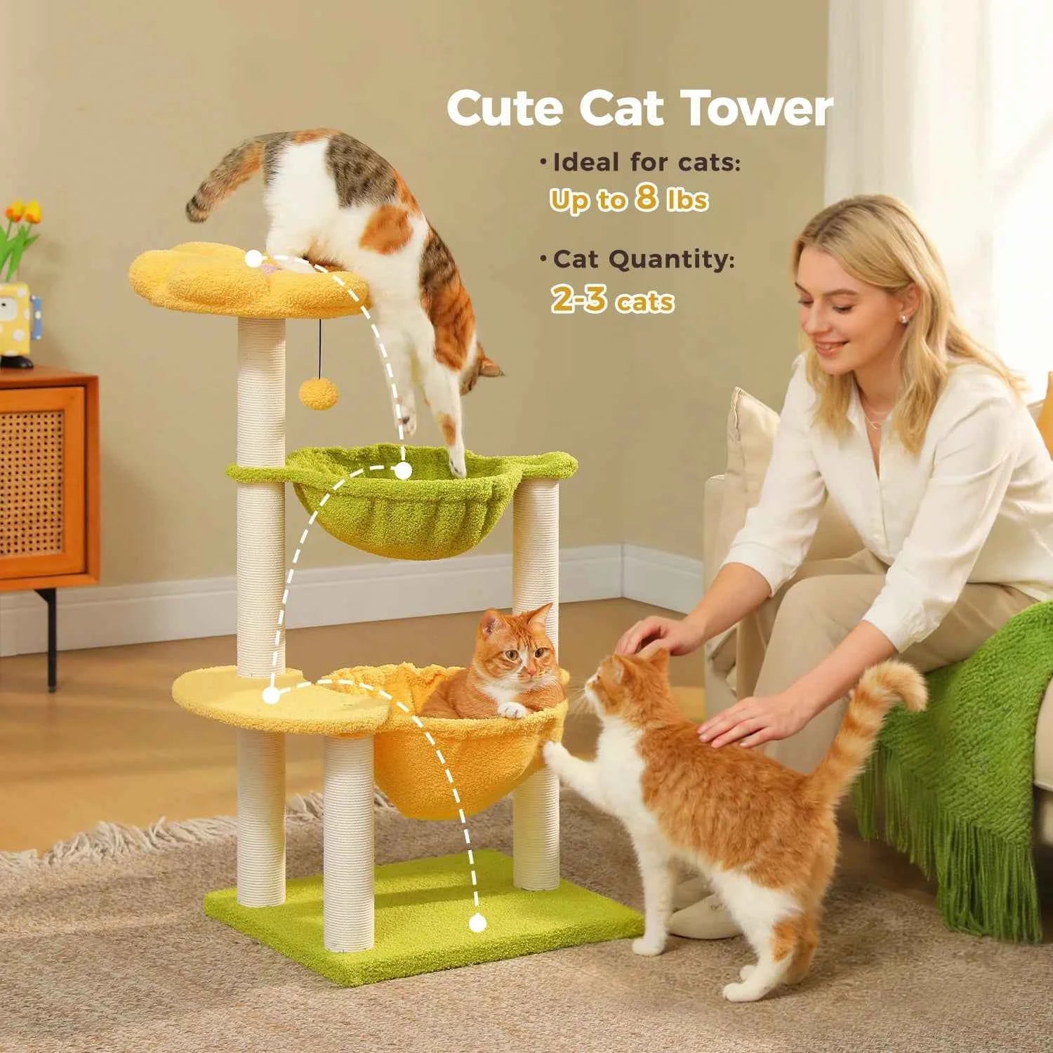 Flower Cat Tree with 2 Cozy Hammocks Sisal Scratching Posts Soft Top Perch Small Cat Tower for Indoor Kitty Cat Furniture Cat Toys