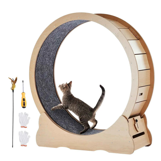 SucceBuy Wooden Cat Exercise Wheel Large Cat Treadmill Wheel for Indoor Cat Running Wheel with Detachable Carpet& Cat Teaser