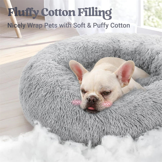 Soft Long Plush Cat House Beds dog Calm Warm Faux Fur Bed Donut Round Comfortable Sleeping Bed Washable for Small Medium Dog Cat - Play Paws Toys