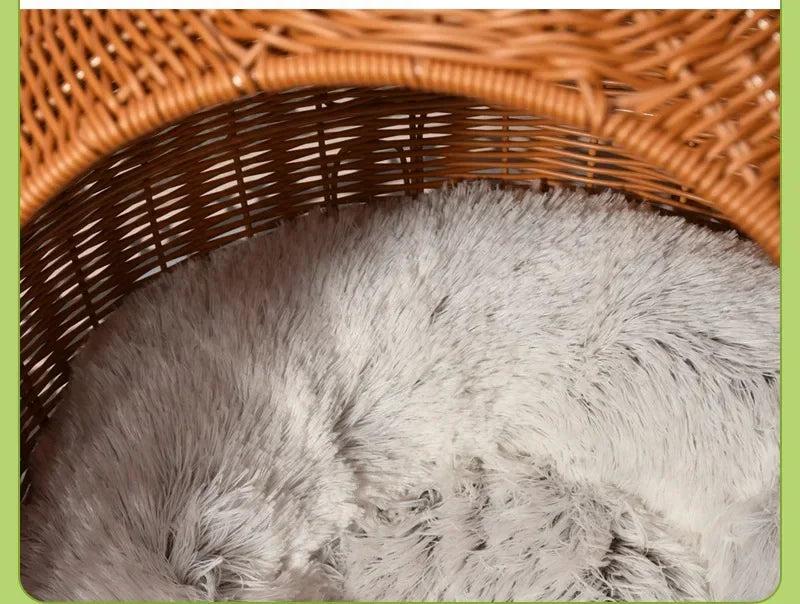 Semi-enclosed Pet Hammock Hanging Cat Nest Round Rattan Cat Cage Cat Bed with Plush Cushion Pet Cradle Bed Cat Accessories - Play Paws Toys