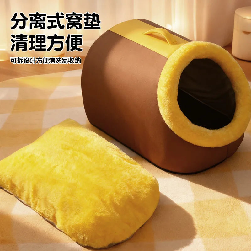Winter Closed Cat Bed Leather Handheld Pet Bed Small Dog Bed Thickened and Fleece-Lined Warm Cat Sleeping Mat - Play Paws Toys