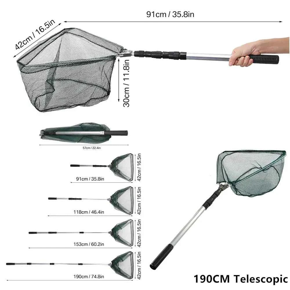 Folding Fishing Net with Aluminum Alloy Landing Net Non-Slip Gloves Storage Bag Fish Pliers Lip Gripper for Easy Catch & Release