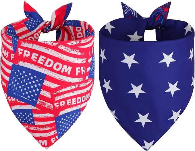 4th of July Dog Bandanas XLarge 2PCS, 4 Pattern American Flag Patriotic Scarf for Boy and Girl, Durable Triangle Reversible USA Bibs for Puppy Pet