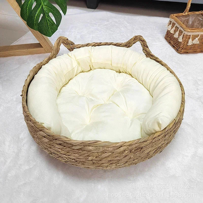 Rattan Weaving Cat Basket Bed With Soft Cushion Round Donut Design Cozy Warm Comfortable Sleeping Nest For Cats And Dogs - Play Paws Toys