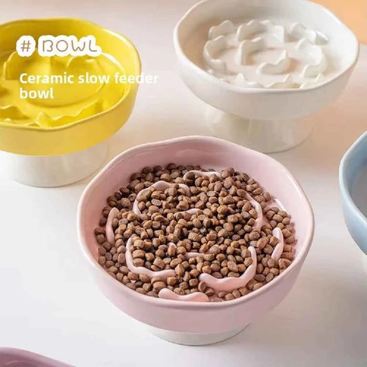 Ceramic slow-feeding bowl high-leg cat bowl with neck protection not easy to overturn, dog choke-proof bowl slow cat accessories