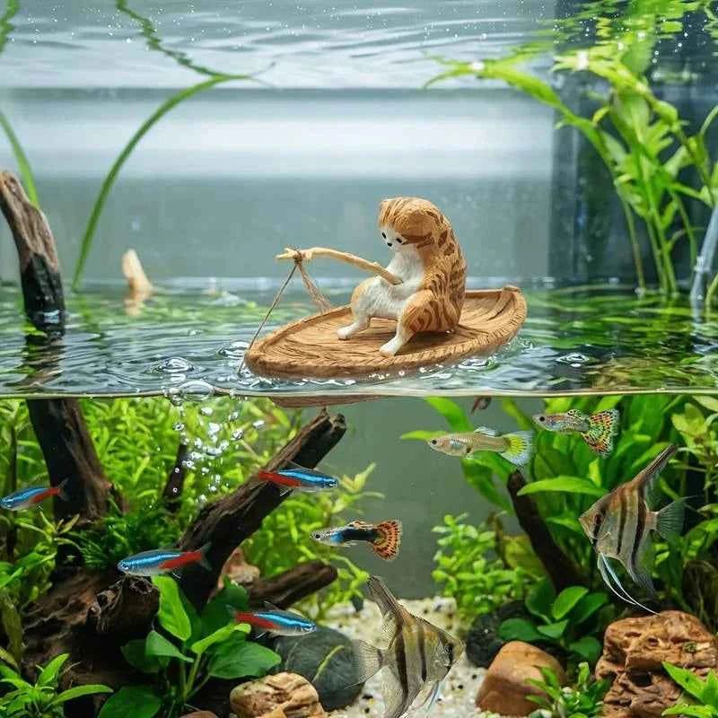 Creative Cat Fishing Boat Aquarium Ornament High Quality Resin Durable Fish Tank Decor Marine Theme