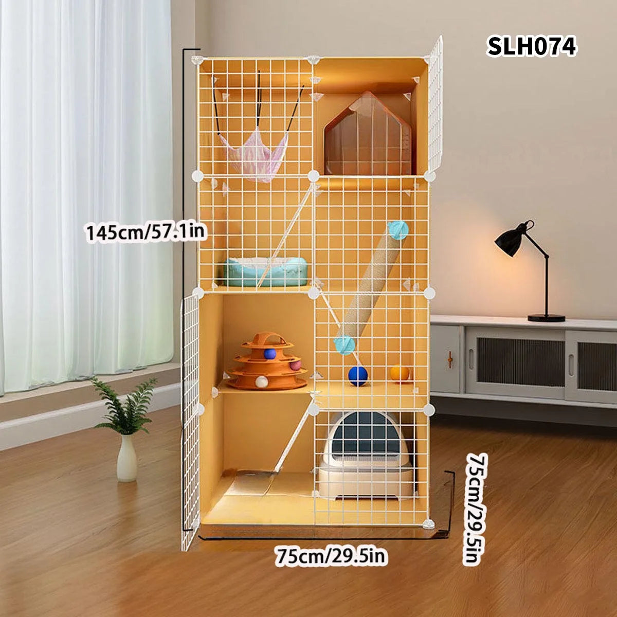 Cat Cage, Cat Villa, Yellow Cage, Natural Wood Color Pet Cage, Free Assembly, Multi-Cat, Space-Saving, Three-Layer Iron Mesh Cage, Household Cat Cabinet - Play Paws Toys