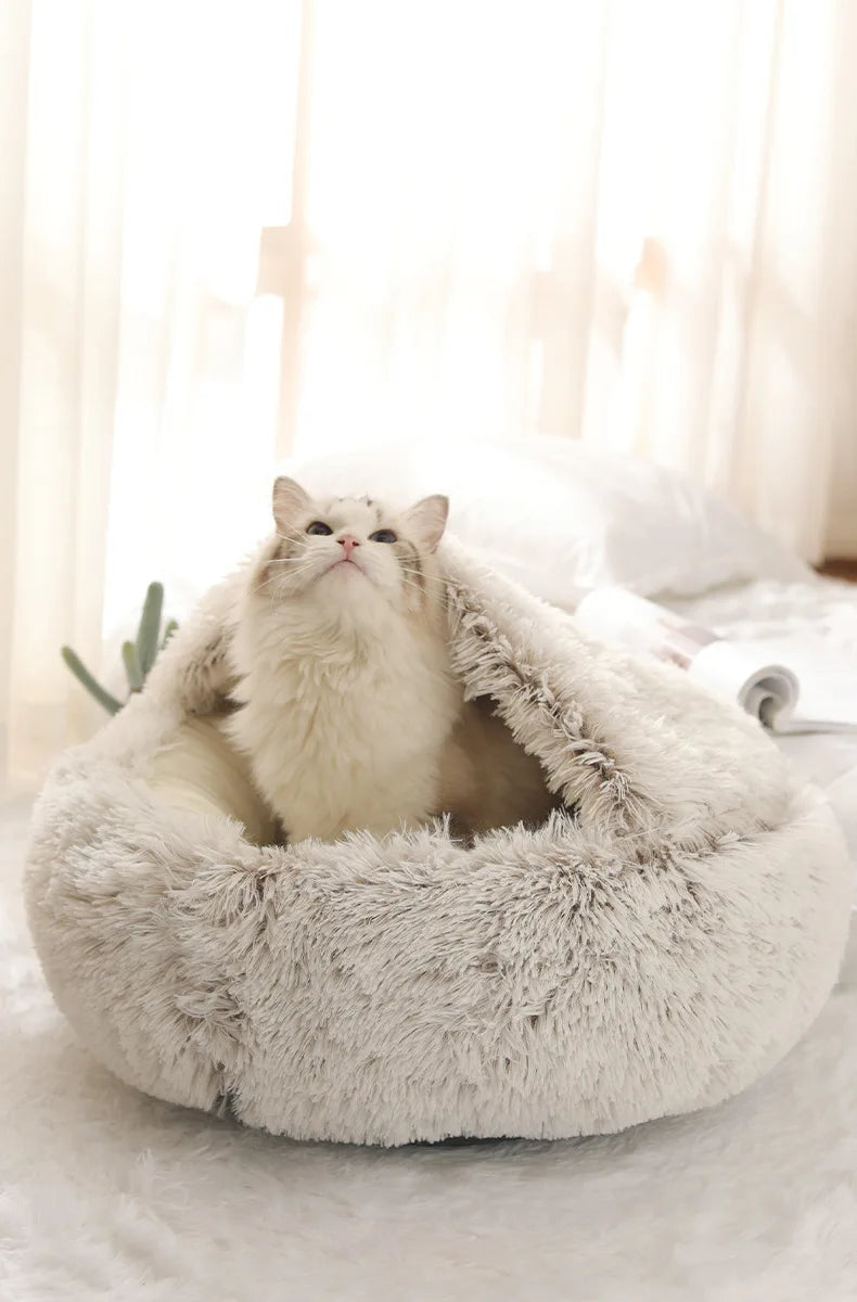 Autumn and Winter soft plush pet bed and pet bed Winter warm and cold plush comforter nest Shell cat nest semi-enclosed cat nest - Play Paws Toys