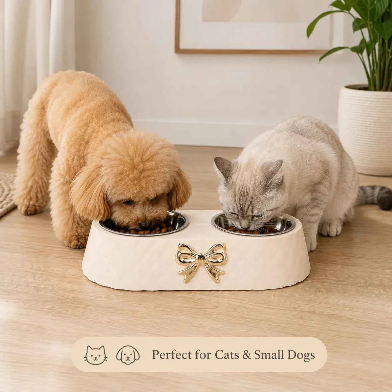 Double Stainless Steel Pet Bowl for Cats and Small Dogs, Food and Water Bowl Set with Anti-Slip Base and Cute Bow Accent