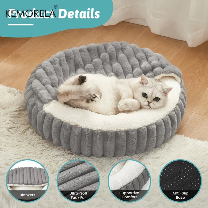 Calming Warm Kitten Bed Round Hooded Cat Cave, Indoor Puppy Sleeping Bed Suitable for Cat Dog Non-Slip Bottom Cat Cushion - Play Paws Toys