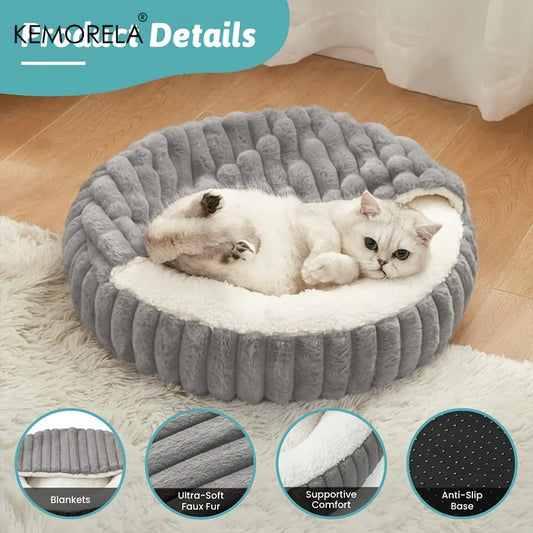 Calming Warm Kitten Bed Round Hooded Cat Cave, Indoor Puppy Sleeping Bed Suitable for Cat Dog Non-Slip Bottom Cat Cushion - Play Paws Toys