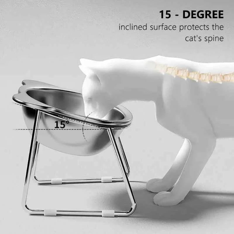 ‌304 Stainless Steel Raised Cat Bowl with 15° Elevated Design Tilted Neck Guard Healthy Feeding Shatterproof for Cats Puppies