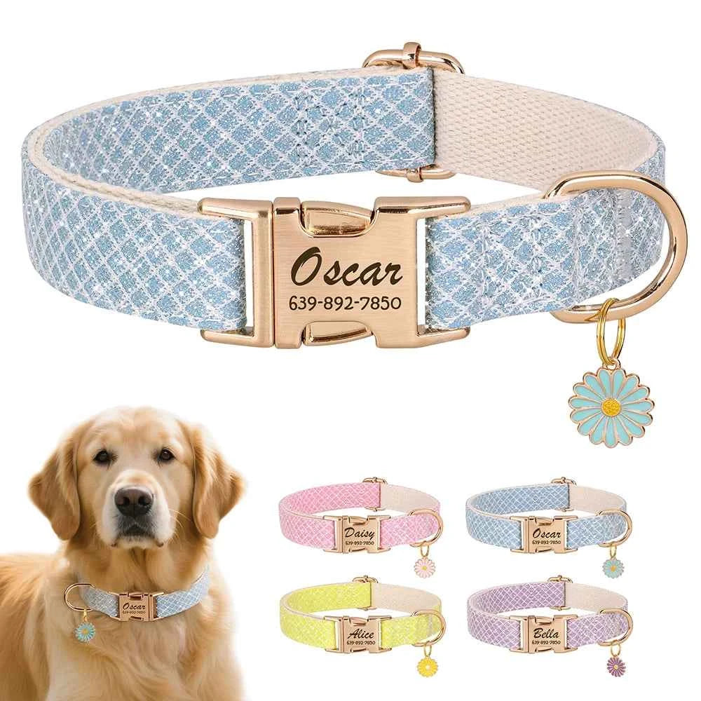 Custom Bling Nylon Dog Collar Free Engraved Puppy Dog ID Name Collars With Cute Flower Tag Accessory For Small Medium Dogs Cats