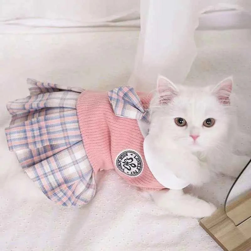 Spring Cat Jk Dress Baby Cat Jk Skirt Doll Kitten Pet Cute Skirt Sweater Waistcoat Thin Muppet Cat Dress Kitten Plaid Skirt