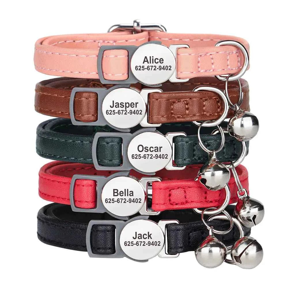 Custom Cat Collar Personalized PU Leather Kitten Puppy Collars Free Engraved ID Nameplate Necklace With Bell for cat Anti-lost