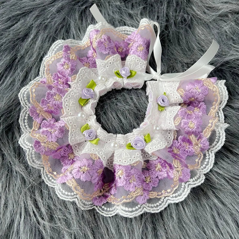 Girls Lace Cat Dog Collar Luxury Wedding Bride Neck Decoration Pink Blue Purple Red Floral Pet Bibs Necklace Scarf For Small Dog