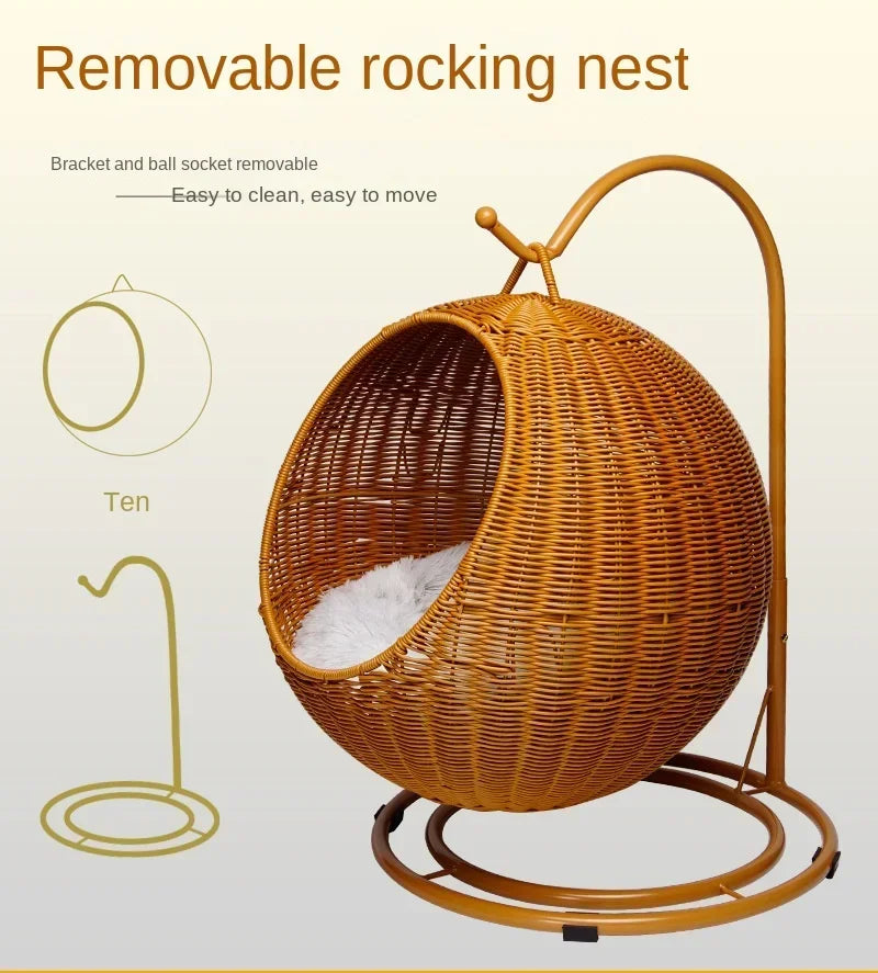Semi-enclosed Pet Hammock Hanging Cat Nest Round Rattan Cat Cage Cat Bed with Plush Cushion Pet Cradle Bed Cat Accessories - Play Paws Toys
