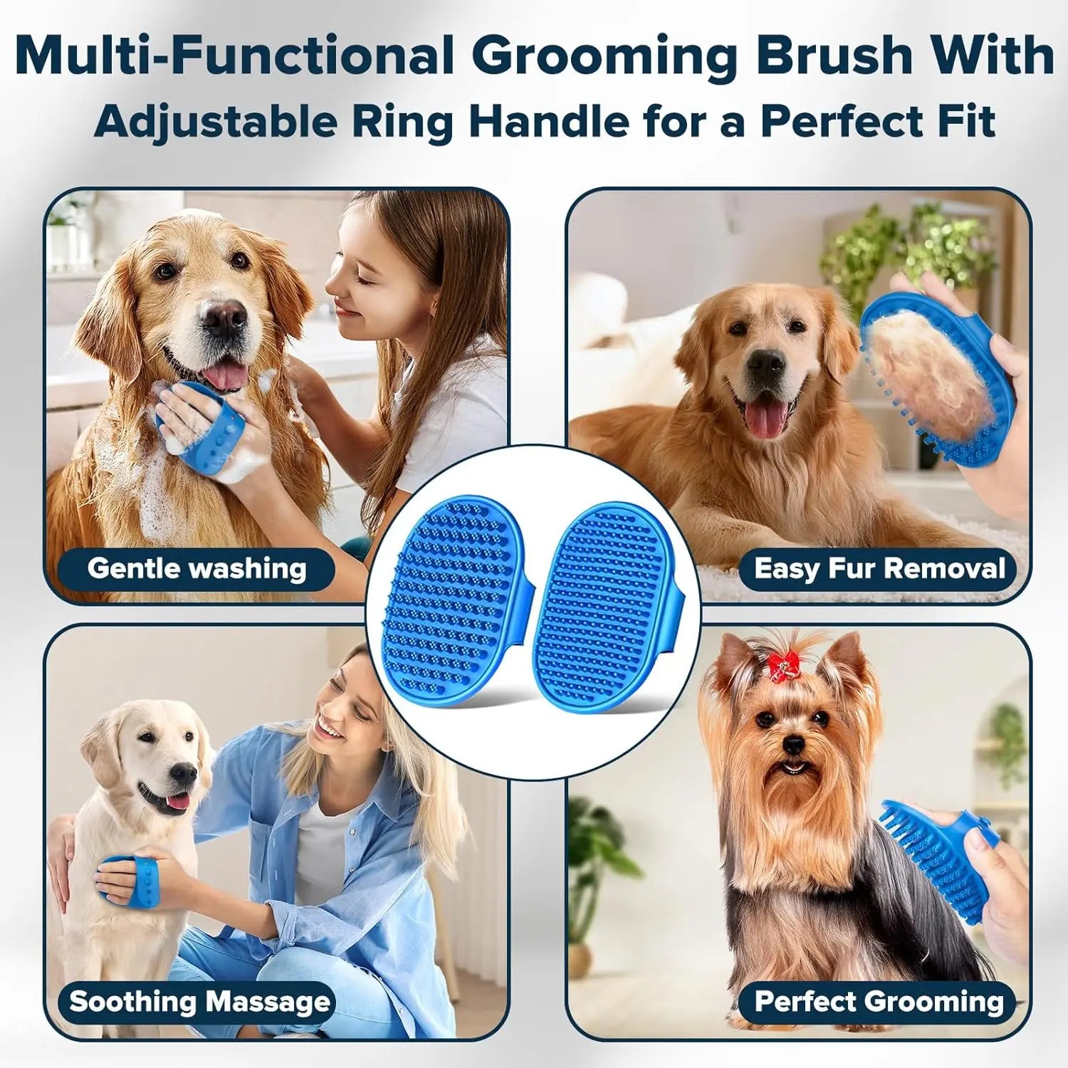 6PCS Pet Grooming Kit: Gloves, Bath Brush & Finger Toothbrush for Dogs Cats Horses (Navy Blue)