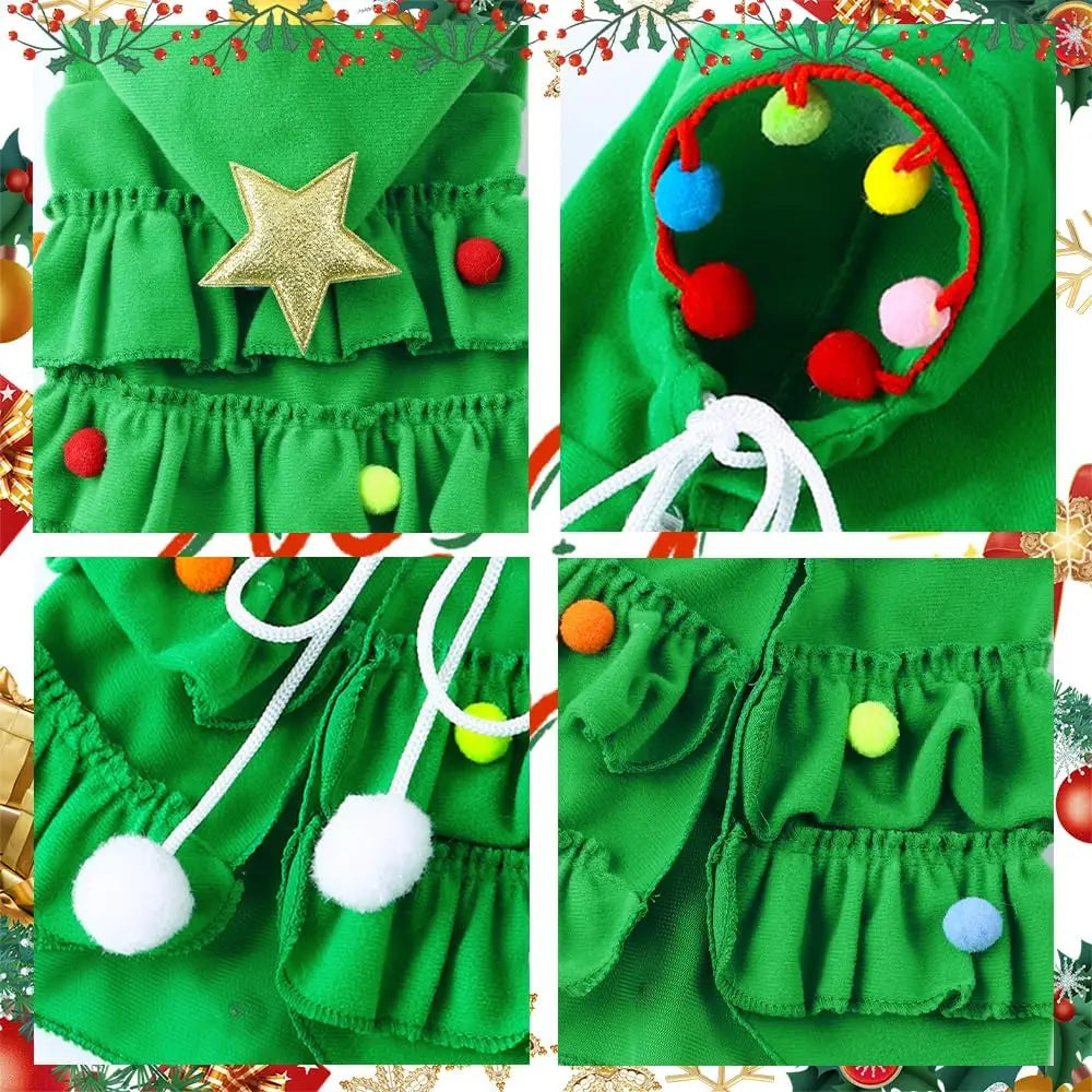 Cat Christmas Outfit Green Pet Cloak with Hat Star Pompoms Puppy Cape Clothes Tree Elf Costumes Party Pet Supplies Accessories - Play Paws Toys
