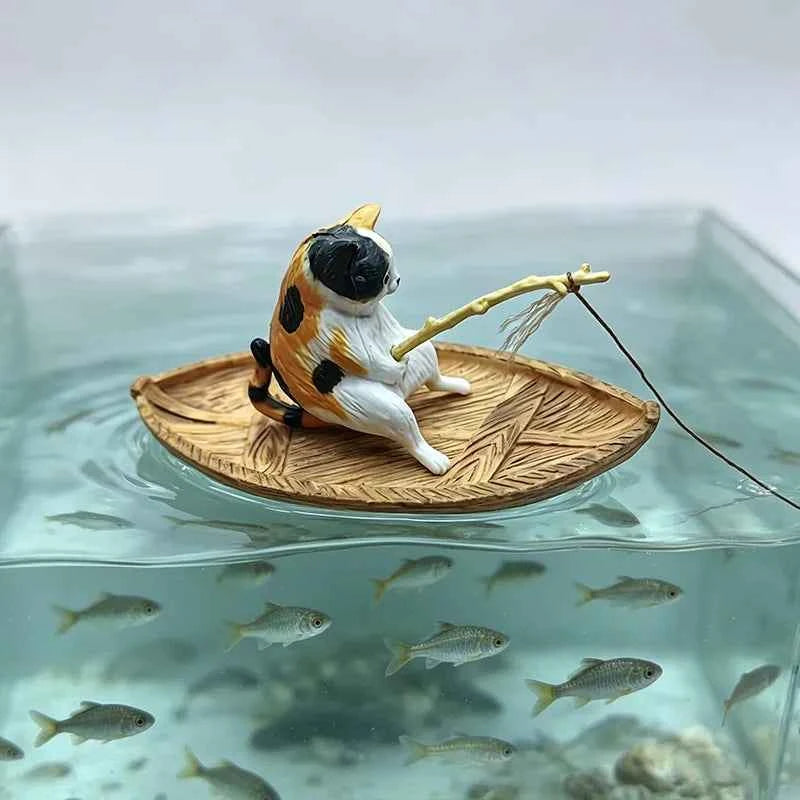 Creative Cat Fishing Boat Aquarium Ornament High Quality Resin Durable Fish Tank Decor Marine Theme