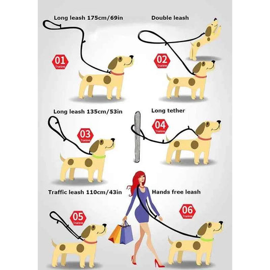 Truelove 7 In 1 Multi-Function Adjustable Dog Lead Hand Free Pet Training Leash Reflective Multi-Purpose Dog Leash Walk 2 Dogs