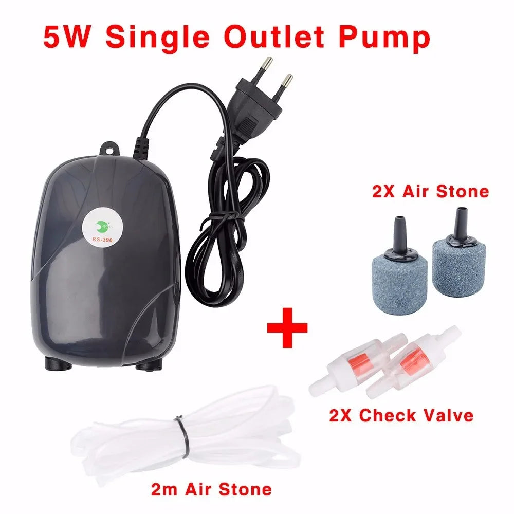 Aquarium Air Pump Fish Tank Mini Compressor Single Double Outlet with Check Valve Tube Aquatic Accessories 220V 3W 5W