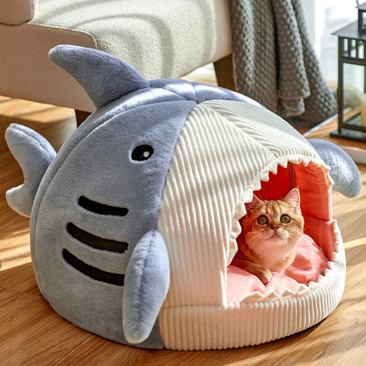 Winter Warm Pet Beds Shark Cat Mat Semi-Closed Pillow Puppy Nest Thicken Kittens Basket Cushion Pillow Mat Dogs Cats House Goods - Play Paws Toys